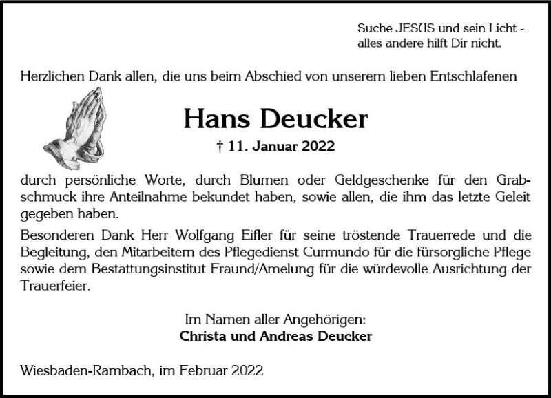  Traueranzeige für Hans Deucker vom 19.02.2022 aus vrm-trauer Wiesbadener Kurier