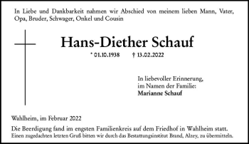 Traueranzeige von Hans-Diether Schauf von vrm-trauer Allgemeine Zeitung Alzey