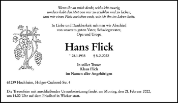 Traueranzeige von Hans Flick von vrm-trauer Hochheimer Zeitung