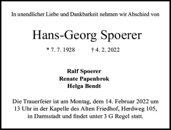 Traueranzeige von Hans-Georg Spoerer von vrm-trauer Darmstädter Echo