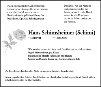 Traueranzeige von Hans Schimsheimer von vrm-trauer Allgemeine Zeitung Alzey