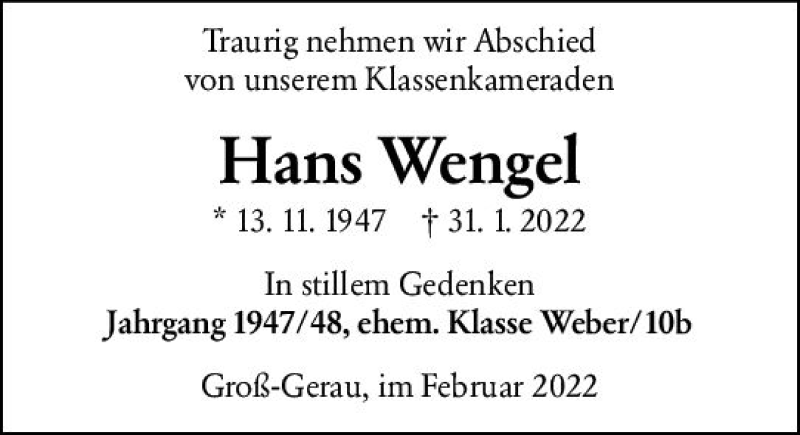  Traueranzeige für Hans Wengel vom 12.02.2022 aus vrm-trauer Groß-Gerauer Echo