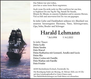Traueranzeige von Harald Lehmann von vrm-trauer Bürstädter/Lamperth. Ztg/Starkenburger