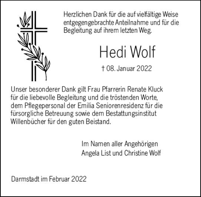  Traueranzeige für Hedi Wolf vom 12.02.2022 aus vrm-trauer Odenwälder Echo
