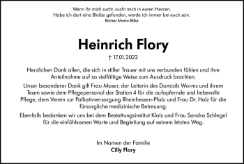 Traueranzeige von Heinrich Flory von vrm-trauer Wormser Zeitung