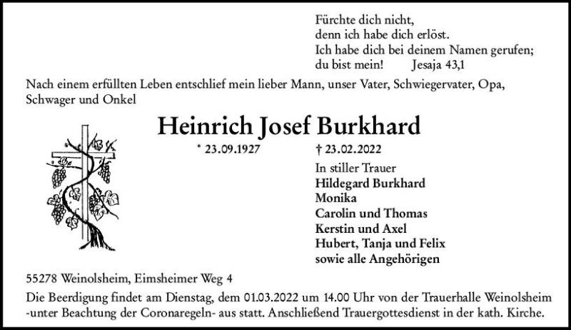  Traueranzeige für Heinrich Josef Burkhard vom 26.02.2022 aus vrm-trauer AZ Mainz