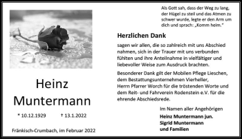 Traueranzeige von Heinz Muntermann von vrm-trauer Odenwälder Echo