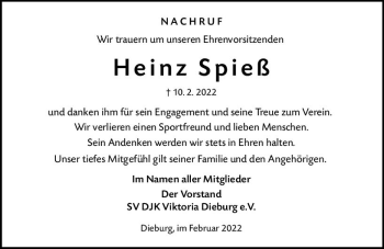 Traueranzeige von Heinz Spieß von vrm-trauer DieburgerAnzeiger/Groß-Zimmerner Lokala