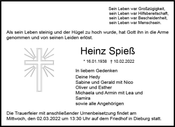 Traueranzeige von Heinz Spieß von vrm-trauer DieburgerAnzeiger/Groß-Zimmerner Lokala