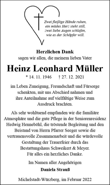 Traueranzeige von Heinz Leonhard Müller von vrm-trauer Odenwälder Echo
