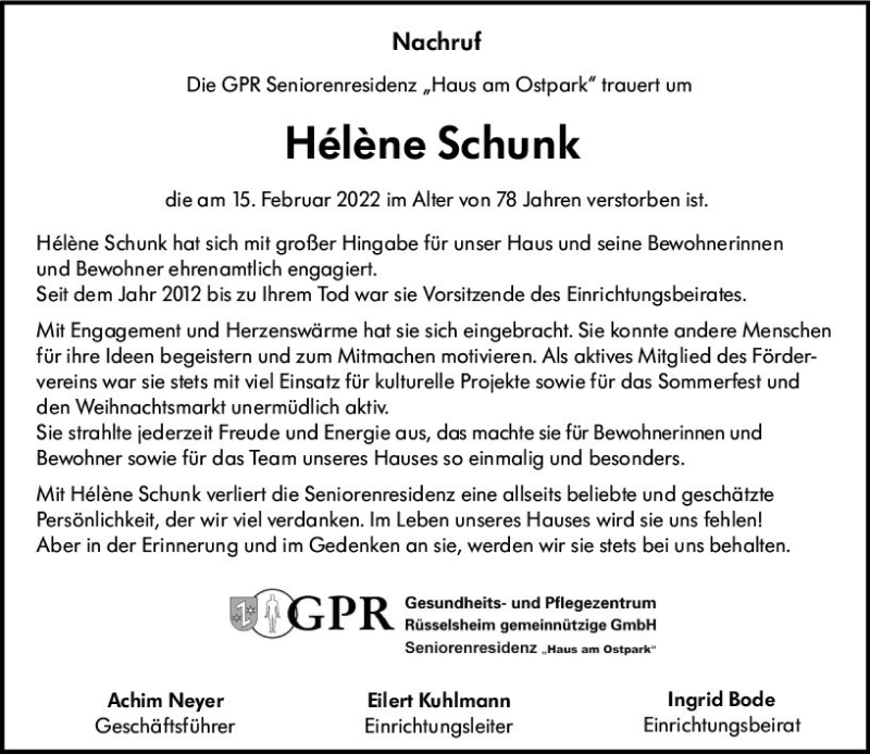  Traueranzeige für Helene Schunk vom 26.02.2022 aus vrm-trauer Rüsselsheimer Echo / MainSpitze
