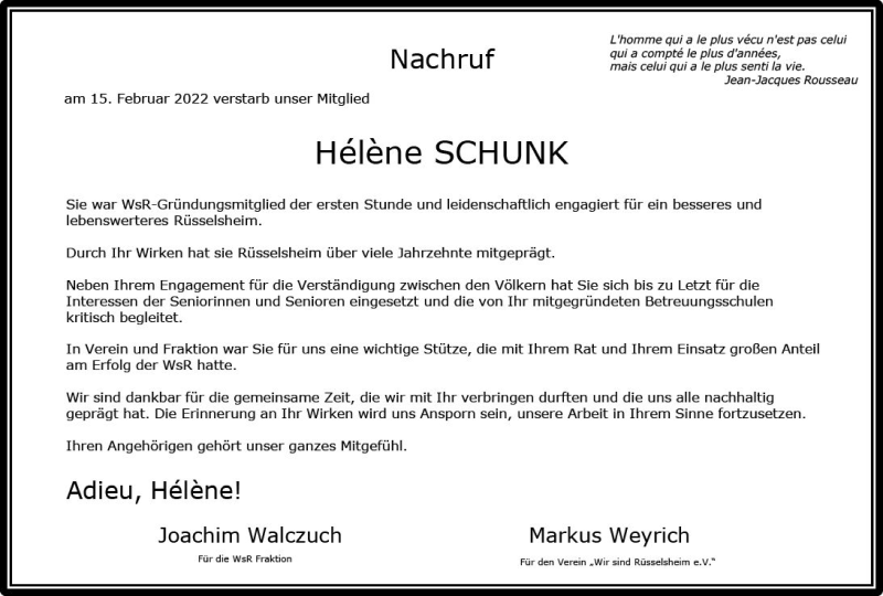  Traueranzeige für Helene Schunk vom 23.02.2022 aus vrm-trauer Rüsselsheimer Echo / MainSpitze