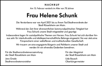 Traueranzeige von Helene Schunk von vrm-trauer Rüsselsheimer Echo / MainSpitze