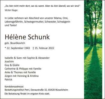 Traueranzeige von Helene Schunk von vrm-trauer Rüsselsheimer Echo / MainSpitze