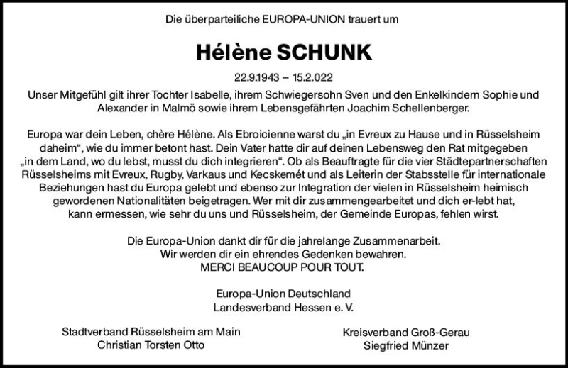  Traueranzeige für Helene Schunk vom 26.02.2022 aus vrm-trauer Rüsselsheimer Echo / MainSpitze