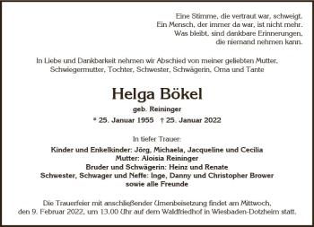 Traueranzeige von Helga Bökel von vrm-trauer Wiesbadener Kurier