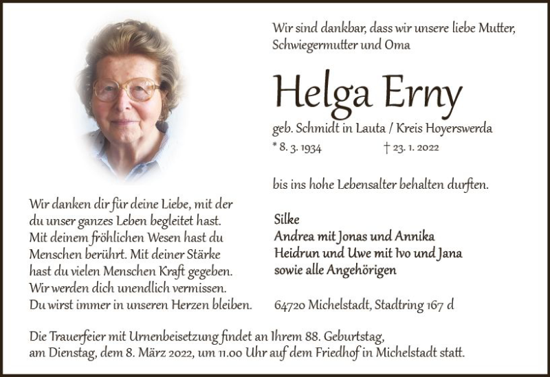  Traueranzeige für Helga Erny vom 26.02.2022 aus vrm-trauer Odenwälder Echo