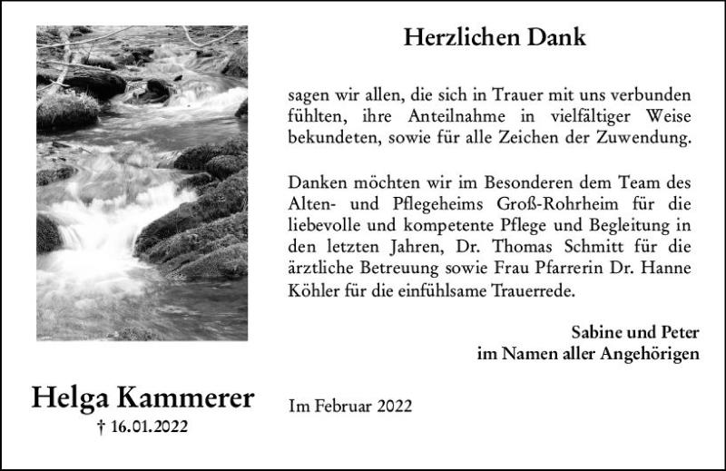  Traueranzeige für Helga Kammerer vom 12.02.2022 aus vrm-trauer Rüsselsheimer Echo / MainSpitze