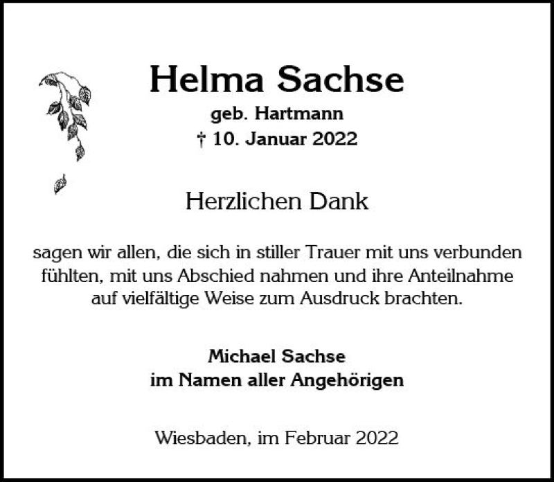  Traueranzeige für Helma Sachse vom 05.02.2022 aus vrm-trauer Wiesbadener Kurier
