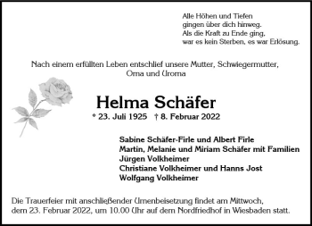 Traueranzeige von Helma Schäfer von vrm-trauer Wiesbadener Kurier