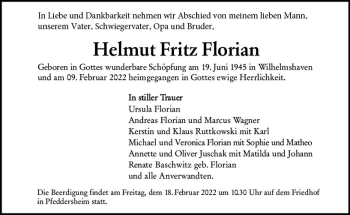 Traueranzeige von Helmut Fritz Florian von vrm-trauer Wormser Zeitung