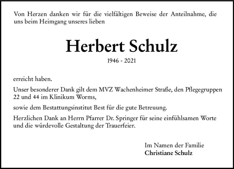  Traueranzeige für Herbert Schulz vom 03.02.2022 aus vrm-trauer Wormser Zeitung