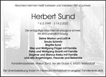 Traueranzeige von Herbert Sund von vrm-trauer Darmstädter Echo