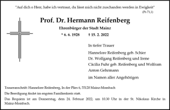 Traueranzeige von Hermann Reifenberg von vrm-trauer AZ Mainz