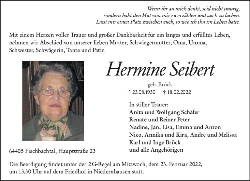  Traueranzeige für Hermine Seibert vom 22.02.2022 aus vrm-trauer Darmstädter Echo