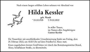 Traueranzeige von Hilda Kessler von vrm-trauer Allgemeine Zeitung Alzey