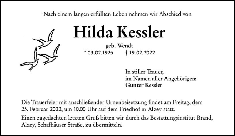  Traueranzeige für Hilda Kessler vom 23.02.2022 aus vrm-trauer Allgemeine Zeitung Alzey
