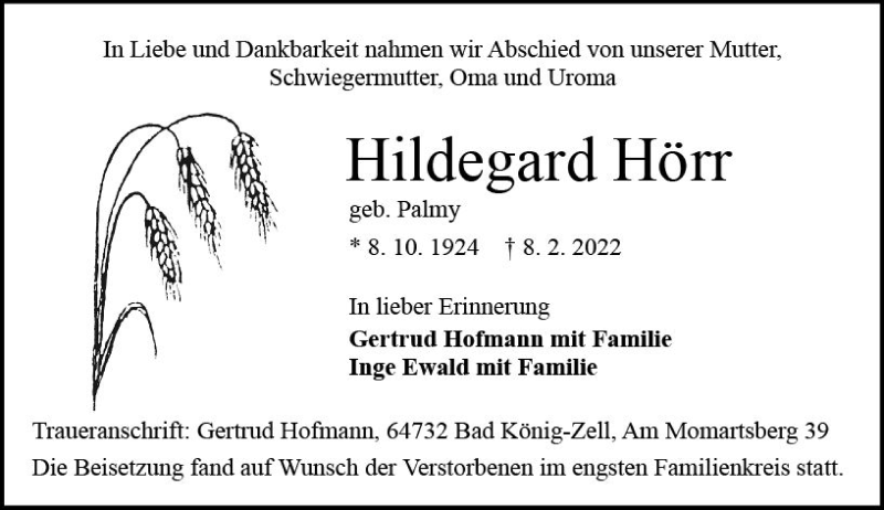  Traueranzeige für Hildegard Hörr vom 26.02.2022 aus vrm-trauer Odenwälder Echo