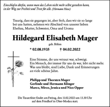 Traueranzeige von Hildegard Elisabeth Mager von vrm-trauer Darmstädter Echo
