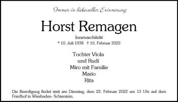 Traueranzeige von Horst Remagen von vrm-trauer Wiesbadener Kurier