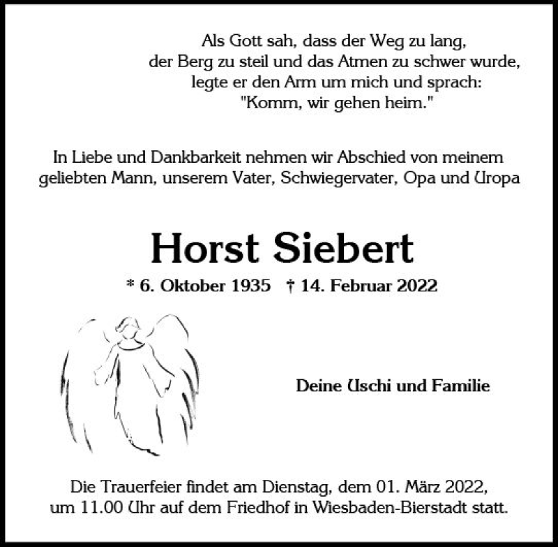  Traueranzeige für Horst Siebert vom 19.02.2022 aus vrm-trauer Wiesbadener Kurier