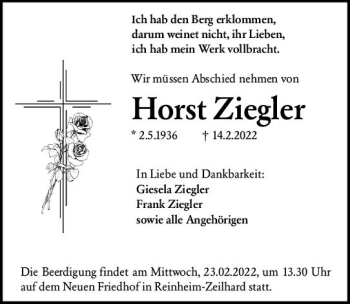 Traueranzeige von Horst Ziegler von vrm-trauer Darmstädter Echo