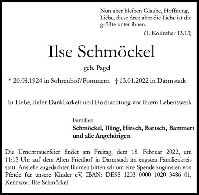  Traueranzeige für Ilse Schmöckel vom 12.02.2022 aus vrm-trauer Darmstädter Echo