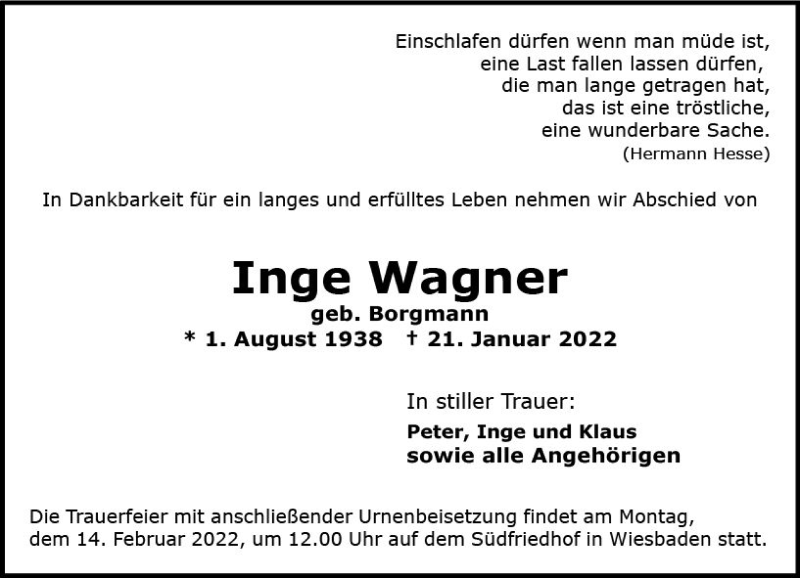  Traueranzeige für Inge Wagner vom 12.02.2022 aus vrm-trauer Wiesbadener Kurier