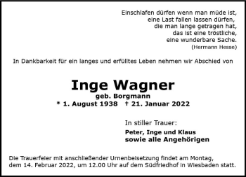 Traueranzeige von Inge Wagner von vrm-trauer Wiesbadener Kurier