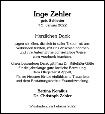 Traueranzeige von Inge Zehler von vrm-trauer Wiesbadener Kurier