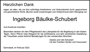 Traueranzeige von Ingeborg Bäulke-Schubert von vrm-trauer Darmstädter Echo