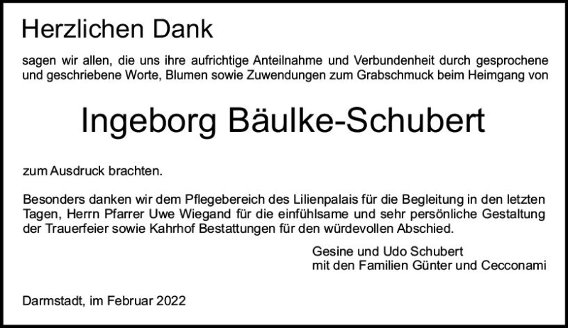  Traueranzeige für Ingeborg Bäulke-Schubert vom 02.02.2022 aus vrm-trauer Darmstädter Echo