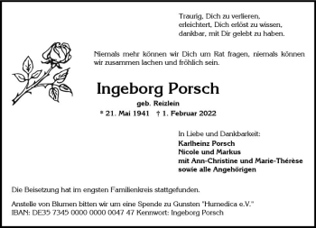 Traueranzeige von Ingeborg Porsch von vrm-trauer Wiesbadener Kurier