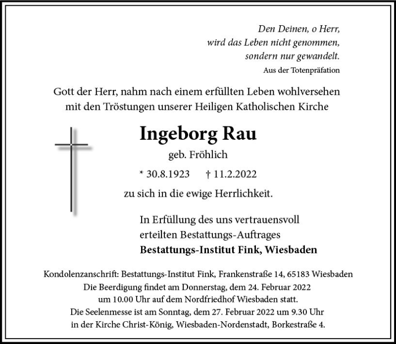  Traueranzeige für Ingeborg Rau vom 22.02.2022 aus vrm-trauer Wiesbadener Kurier