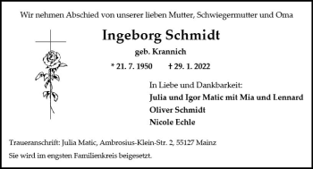 Traueranzeige von Ingeborg Schmidt von vrm-trauer AZ Mainz