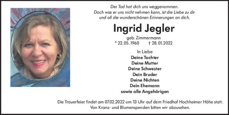  Traueranzeige für Ingrid Jegler vom 04.02.2022 aus vrm-trauer Wormser Zeitung