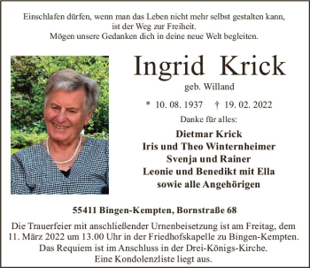 Traueranzeige von Ingrid Krick von vrm-trauer Allgemeine  Zeitung Ingelheim-Bingen