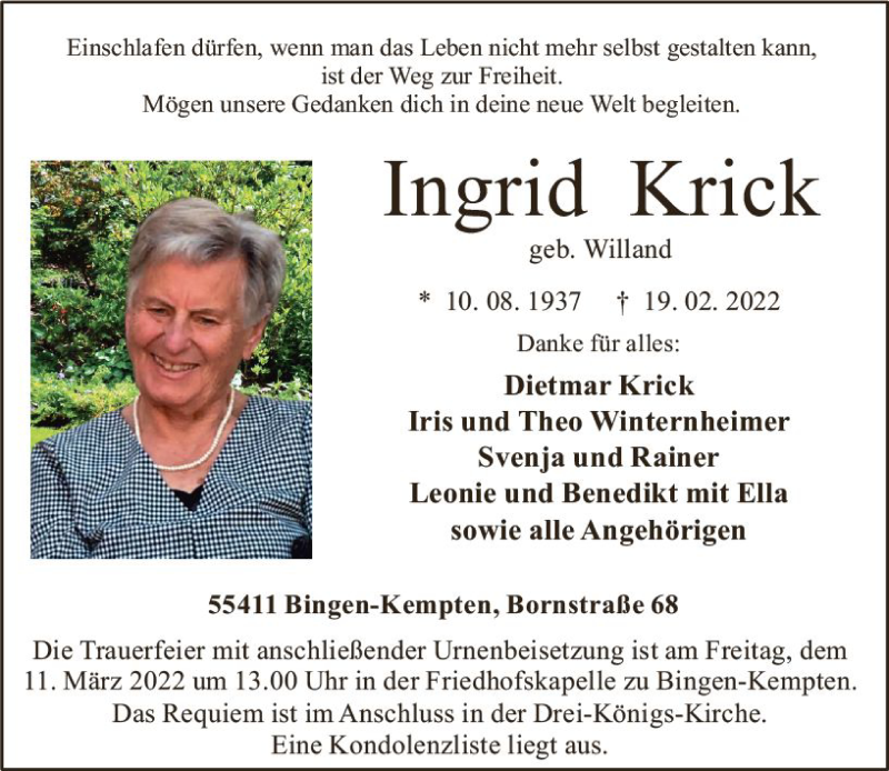  Traueranzeige für Ingrid Krick vom 26.02.2022 aus vrm-trauer Allgemeine  Zeitung Ingelheim-Bingen