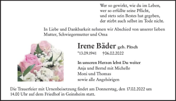 Traueranzeige von Irene Bäder von vrm-trauer Groß-Gerauer Echo