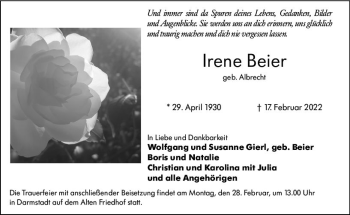 Traueranzeige von Irene Beier von vrm-trauer Odenwälder Echo